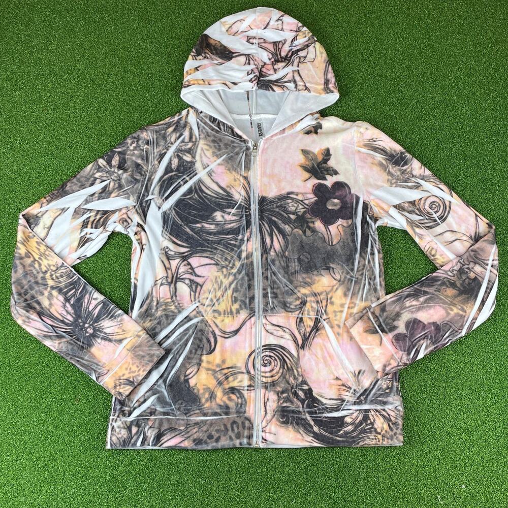 DNLA Sport Y2K Fuzzy Mesh Zip Up Hoodie Floral Leopard Burnout Top Size L